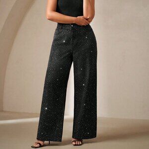 Black Casual Women's Rhinestud Wide Leg Plus Size Jeans
